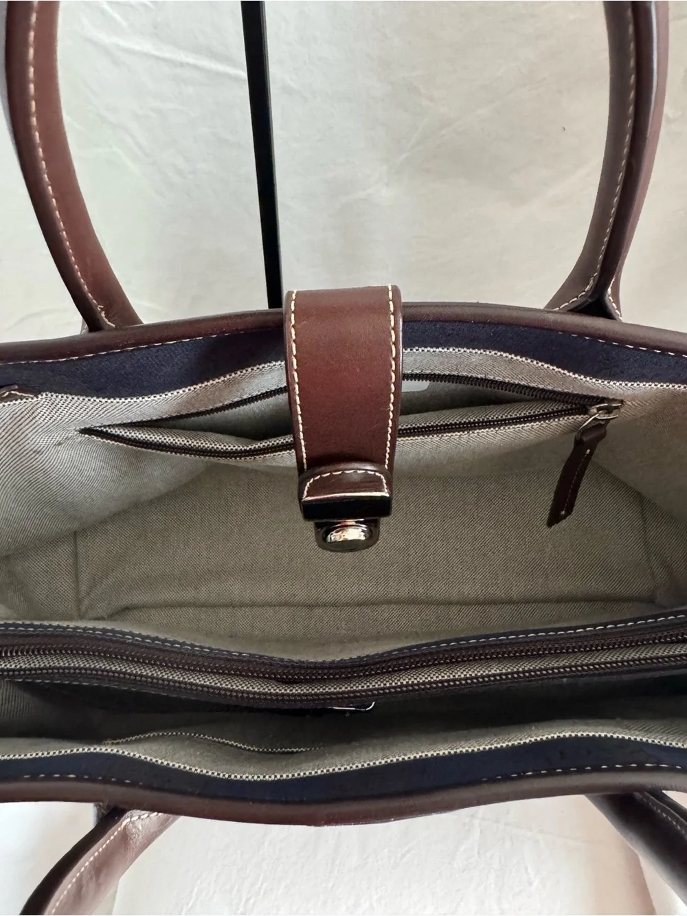 Dooney & Bourke Monogram Canvas Double Handle Tote Bag Navy Blue Brown Leather